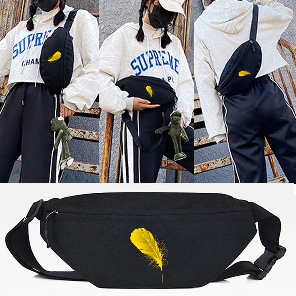 Yellow Feather Print Waist Bag Hip Hop Bum Bags Unisex Fanny Pack