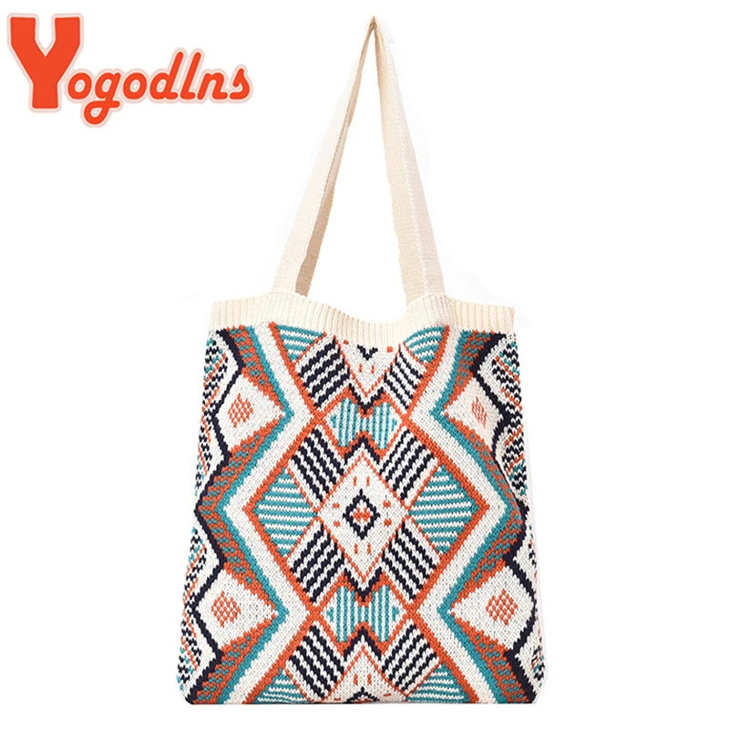 Geometric Patterns Shoulder Bag Knitting Tote Large Capacity Handbag
