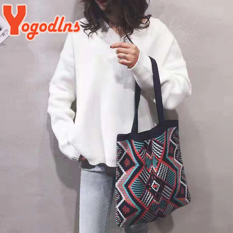 Geometric Patterns Shoulder Bag Knitting Tote Large Capacity Handbag