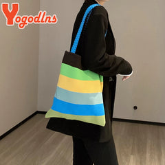 Rainbow Stripes Knitted Shoulder Bag For Womens High Shopping Tote Woven Handbag