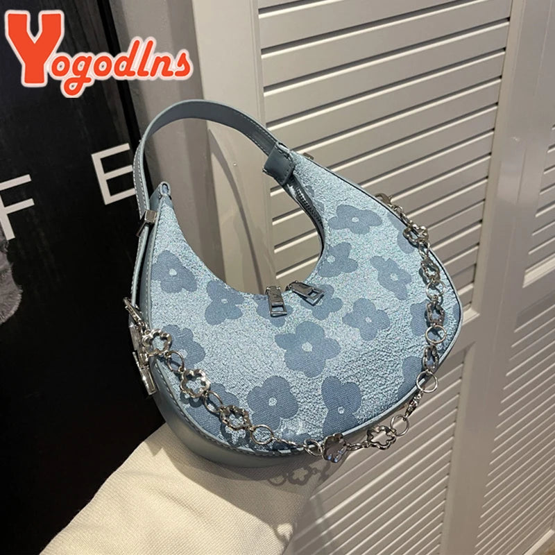 Floral Underarm Bag Chains Half-moon Shoulder Bag