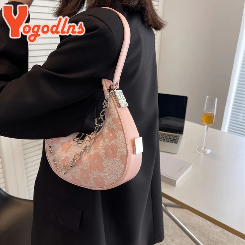 Floral Underarm Bag Chains Half-moon Shoulder Bag