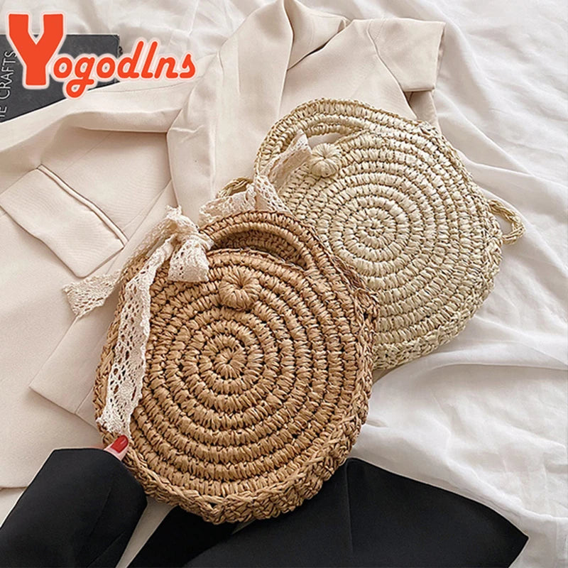 Summer Bow Knitted Straw Bag Round Crossbody Rattan Shoulder