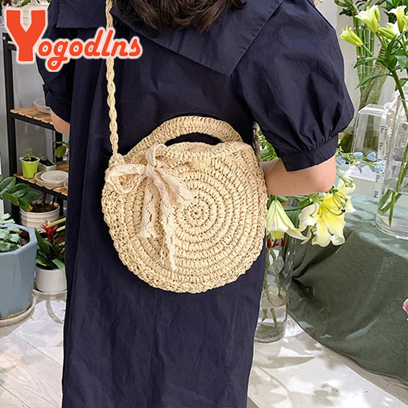 Summer Bow Knitted Straw Bag Round Crossbody Rattan Shoulder