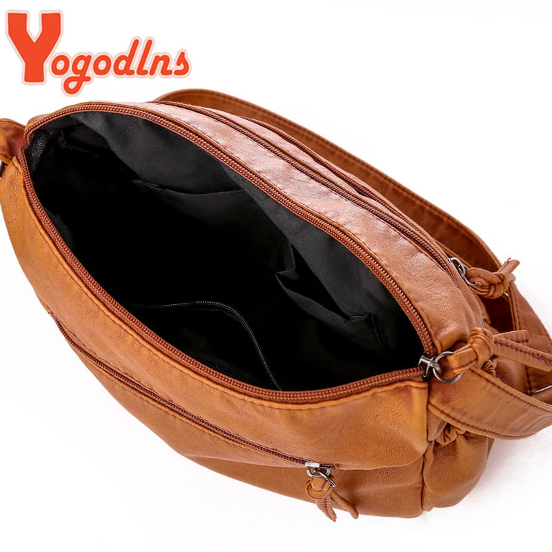 Vintage Soft Leather Shoulder Bag Multi-pocket Crossbody Bag