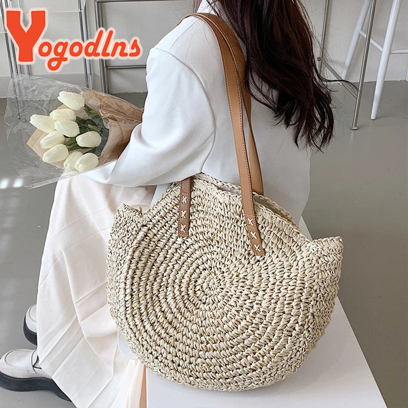 Women Large Straw Shoulder Bag Tassel Beach Handbag