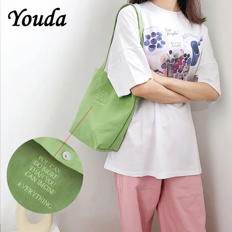 Embroidered Eco Reusable Foldable Shoulder Bag Cotton Tote Pack for Women