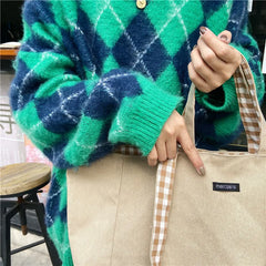 Lattice Double-sided Shoulder Bag Student Book Shopping Handbag