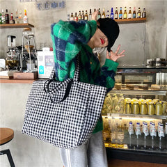 Lattice Double-sided Shoulder Bag Student Book Shopping Handbag