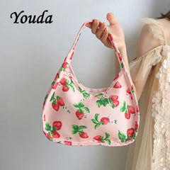 Strawberry Print Canvas Tote Small Handbag Zipper Half Moon Bag