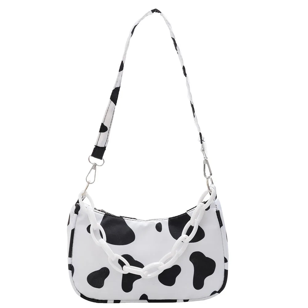 Youth Ladies Cow Print Nylon Bag with Chain Zipper