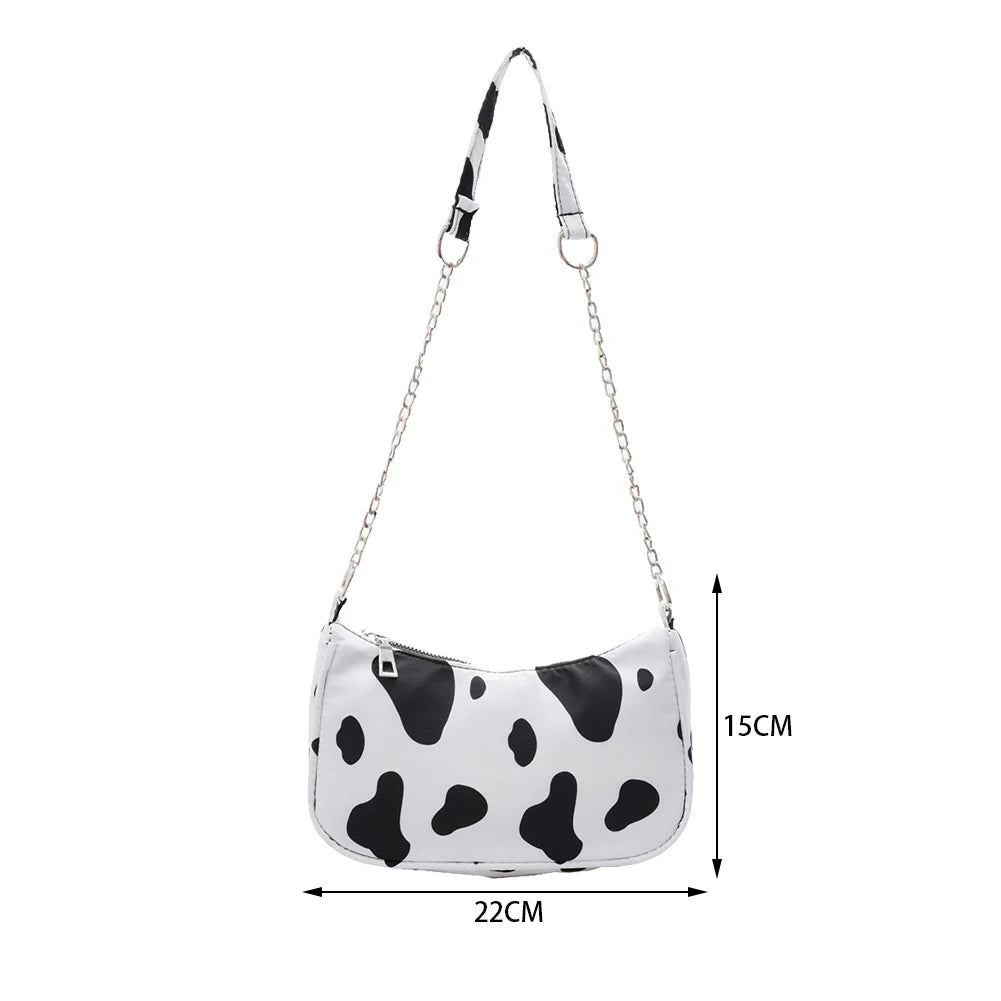 Youth Ladies Nylon Cow Print Underarm Tote Bag Purse