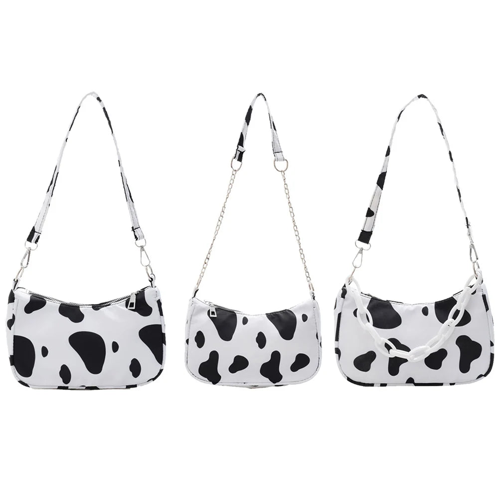 Youth Ladies Cow Print Nylon Bag with Chain Zipper