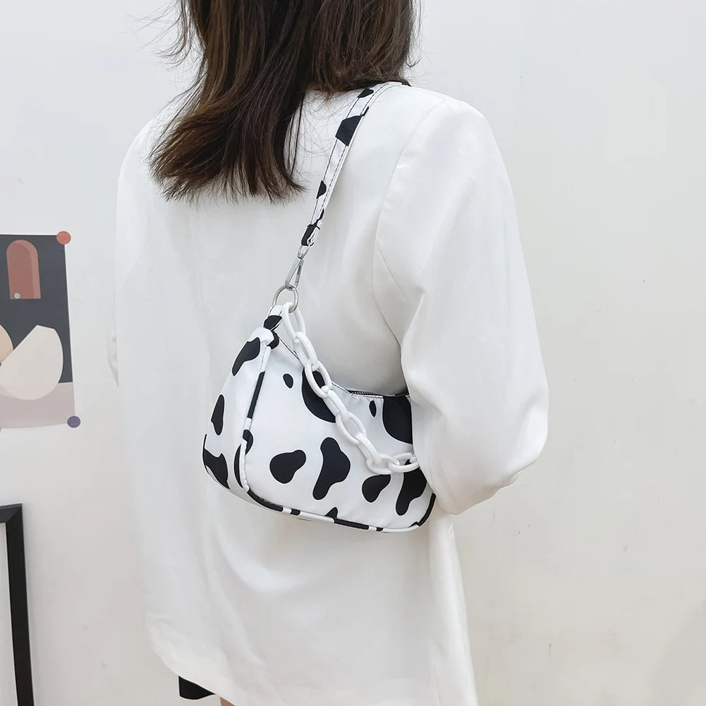 Youth Ladies Nylon Cow Print Underarm Tote Bag Purse