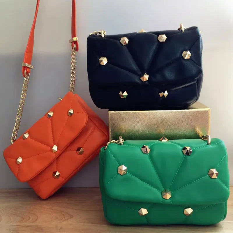 ZA Women's Shoulder Bags Small Square Bag Rivet Quilted Handbags Crossbody Purse