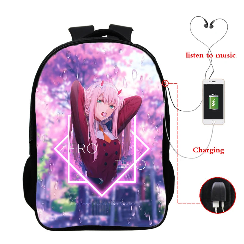 Zero Two Anime Backpack USB Backpacks Darling In The Franxx Women Men