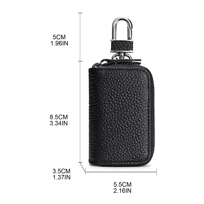 Leather Car Key Holder with Hooks Zipper Closure Unisex