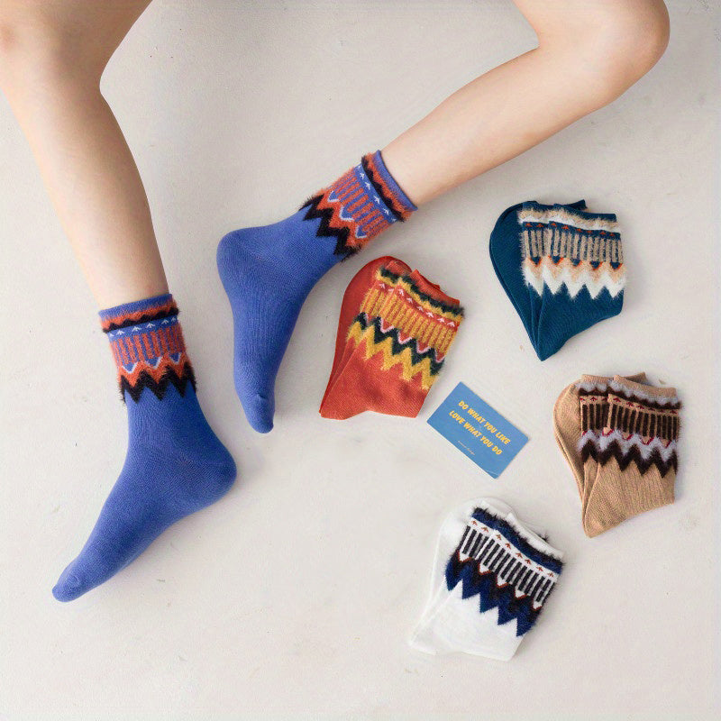 5 Pairs Geometric Pattern Socks Mid Tube Stockings