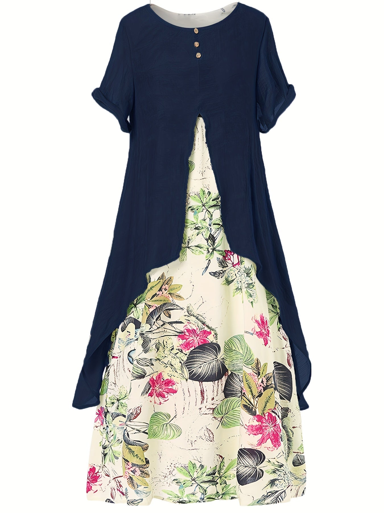 Asymmetrical Floral Print Dress Short Sleeve Crew Neck Casual Dress