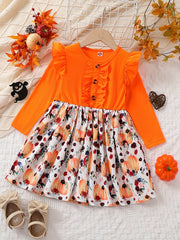 Pumpkin & Flowers Dress with Ruffle Trims Long Sleeves