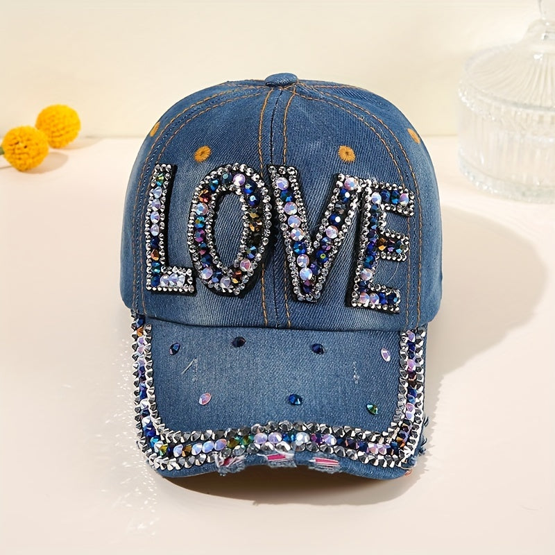 LOVE Rhinestone Patch Baseball Cap Y2K Washed Distressed Bling Dad Hats