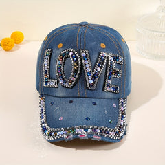 LOVE Rhinestone Patch Baseball Cap Y2K Washed Distressed Bling Dad Hats