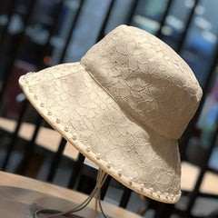 Faux Pearl Decor Bucket Hat Flower Embroidery Summer Sunshade Travel Beach Hats