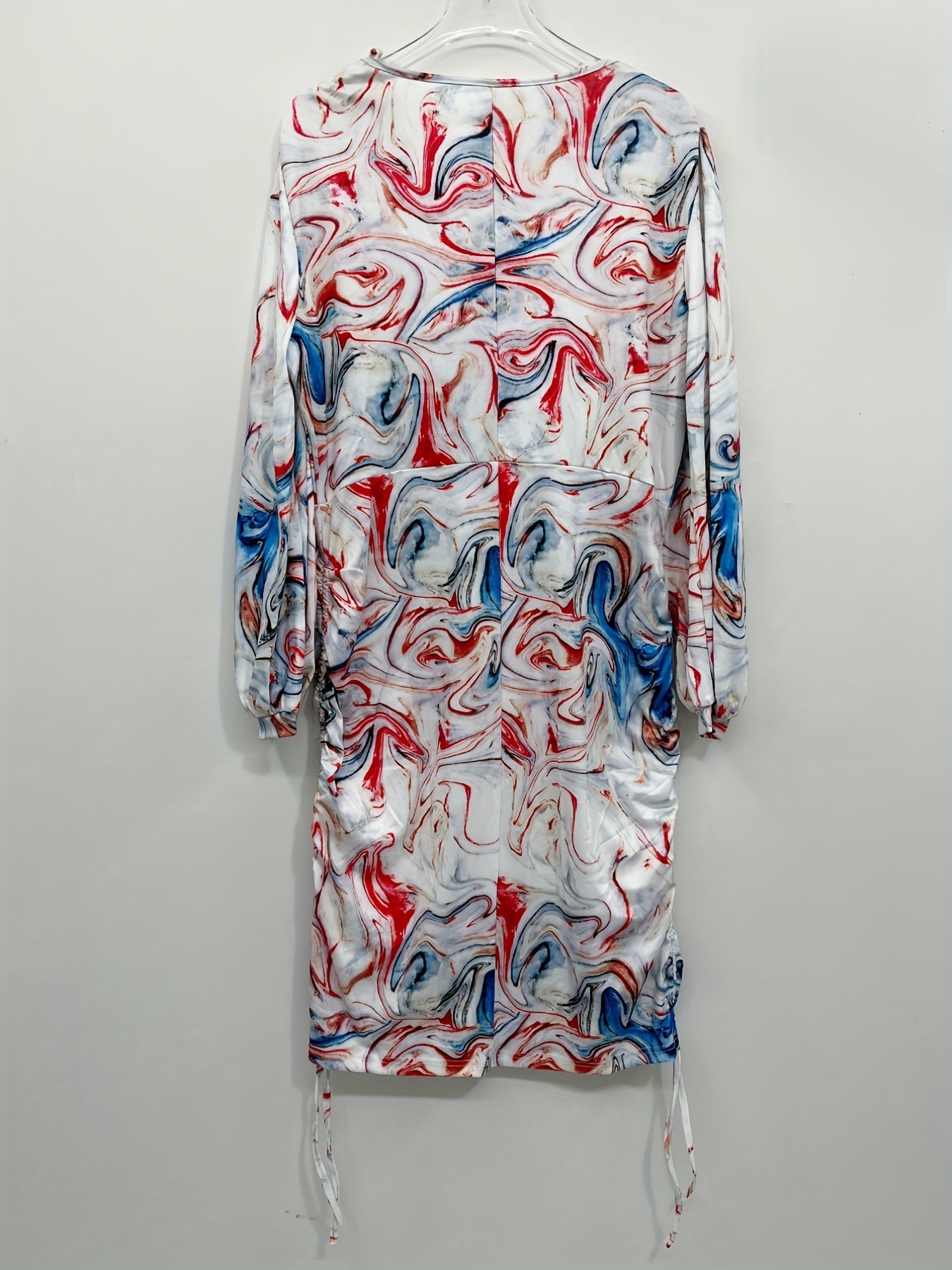  Women's Marble Print Long Sleeve Tie Mini Dress