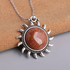 Natural Stone Sunflower Pendant Necklace Boho Style Neck Jewelry Gift