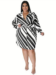  Strip Print Lapel Collar Belted Mini Dress