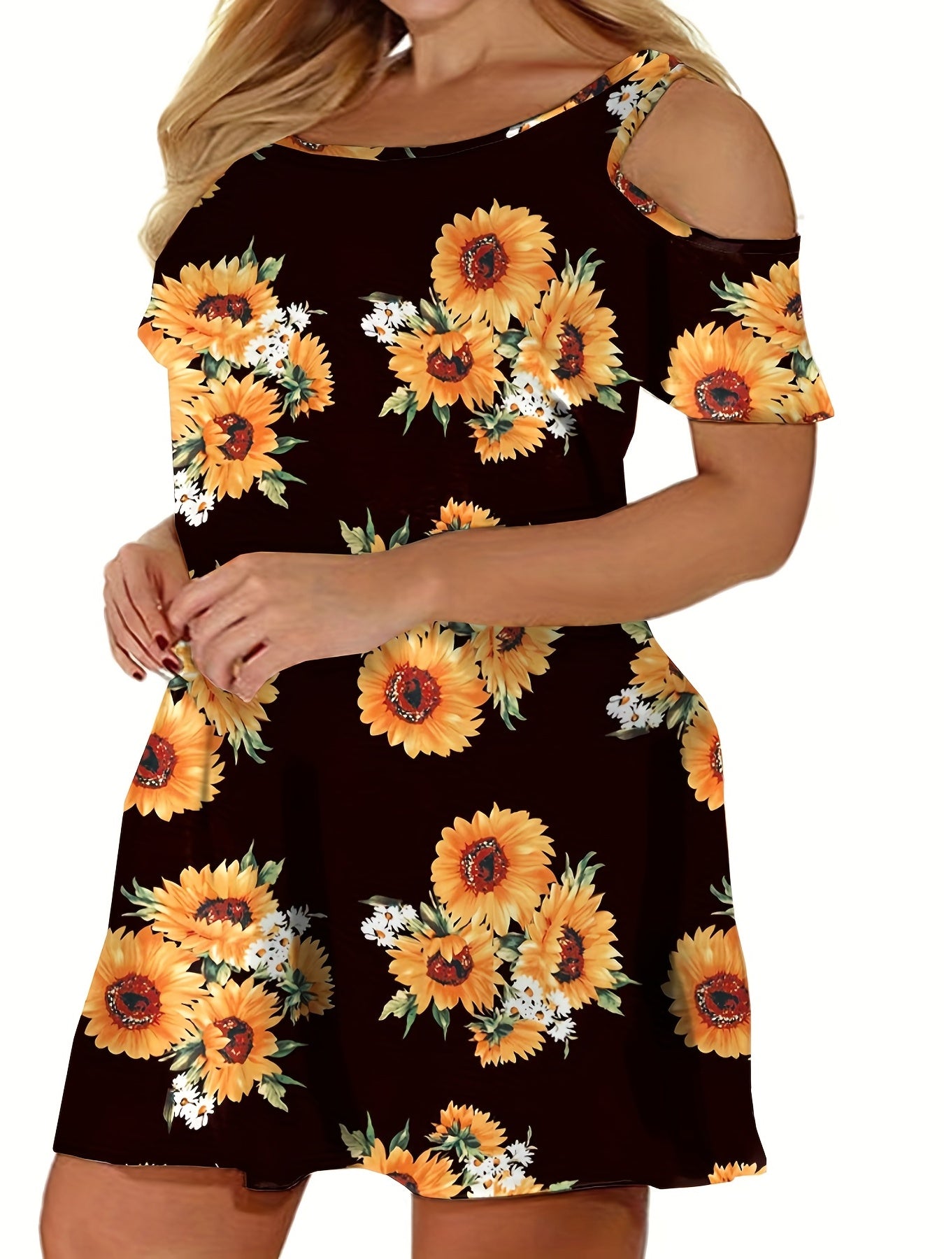 Women's Plus Sunflower Print Cold Shoulder Dress
