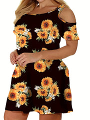Women's Plus Sunflower Print Cold Shoulder Dress