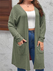  Open Front Ribbed Knit Cardigan with Pockets