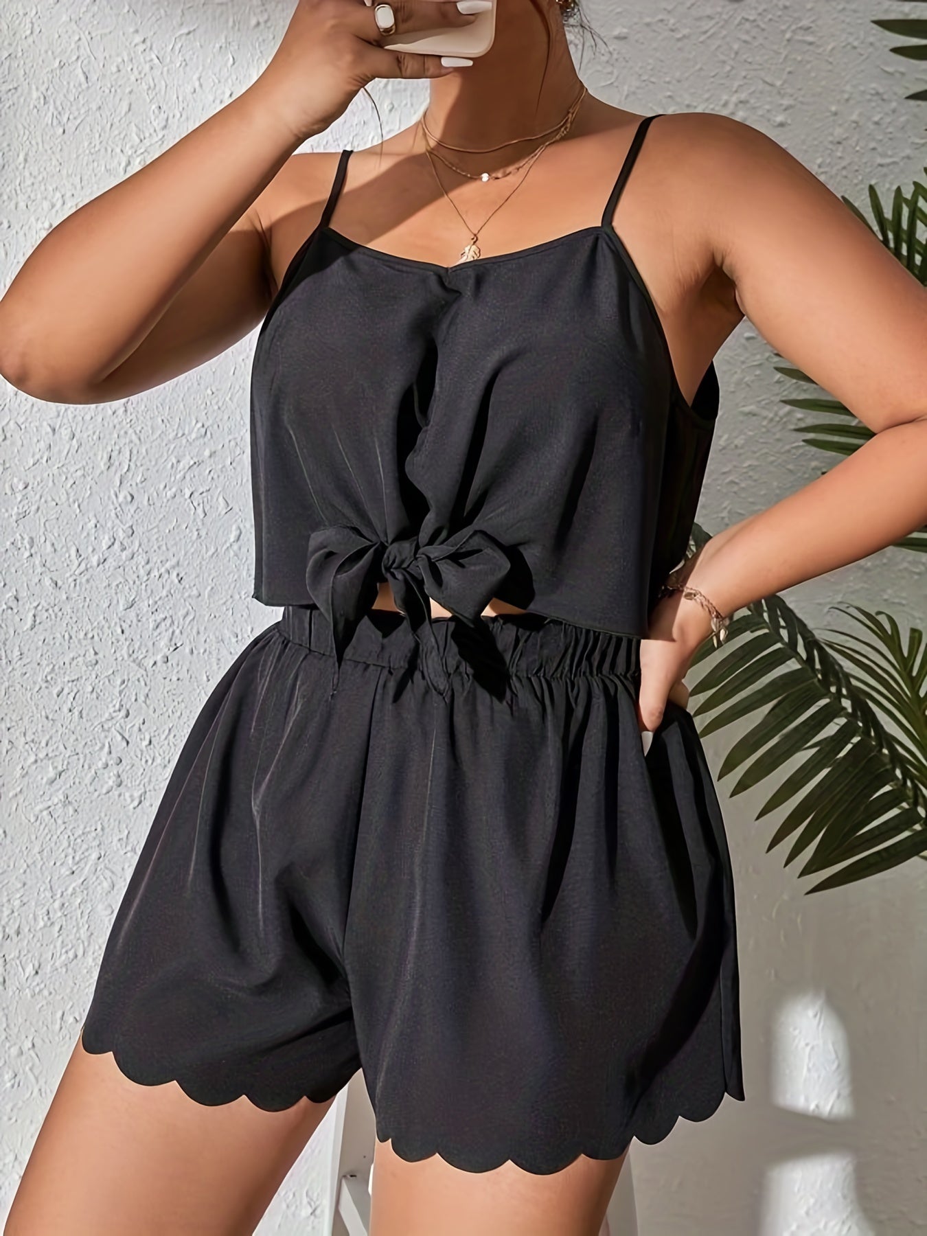  Two Piece Set: Solid Cami Top & Scallop Trim Shorts