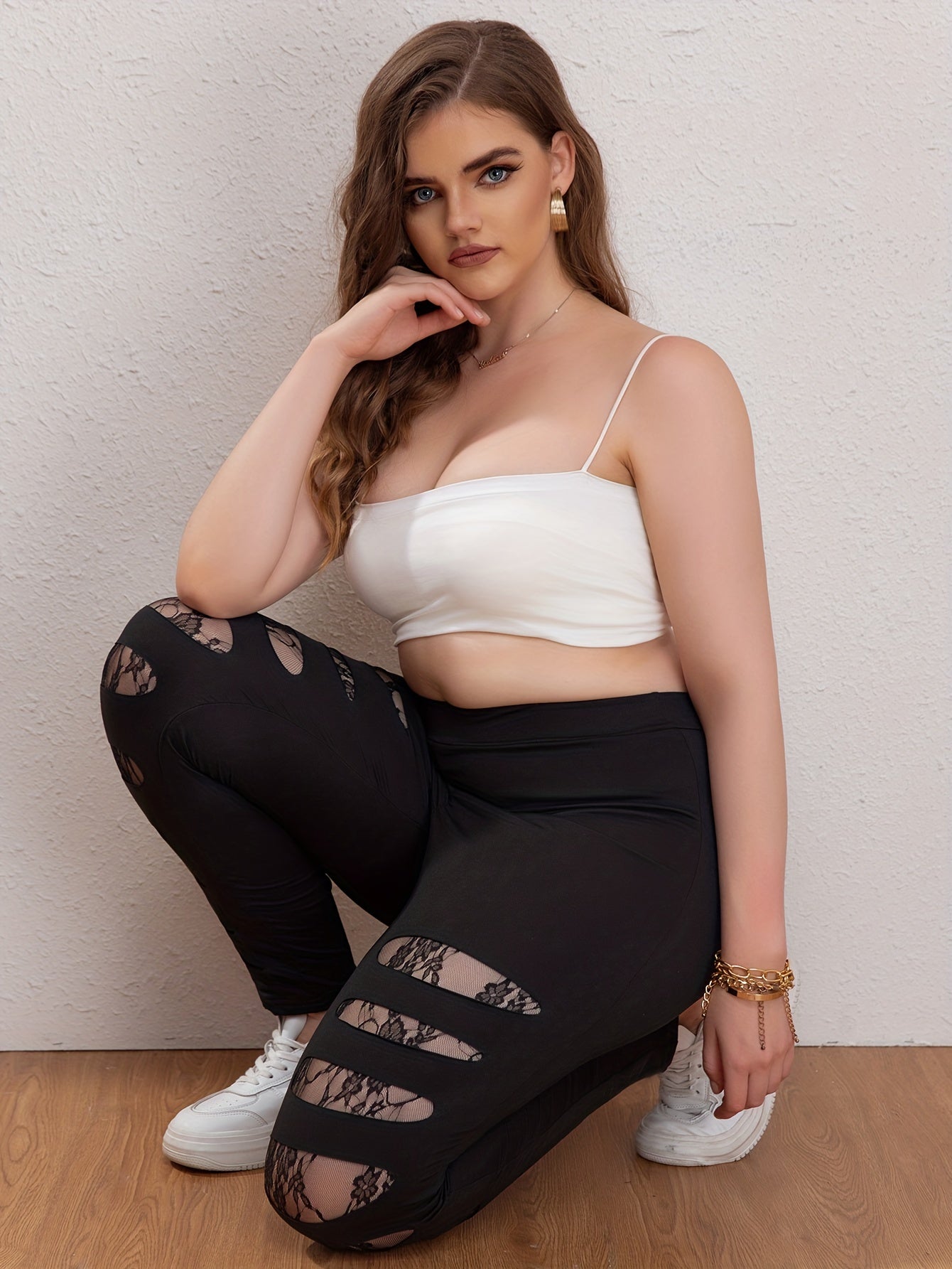  Solid Cut Out Lace High Rise Leggings