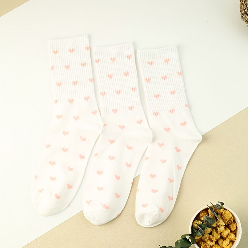 3 Pairs Heart Print Socks Comfy & Breathable Women's Mid Tube Stockings