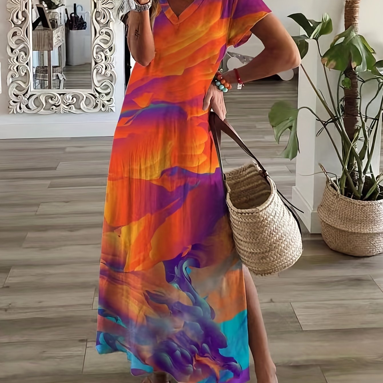 Floral Print V Neck Short Sleeve Boho Maxi Dress