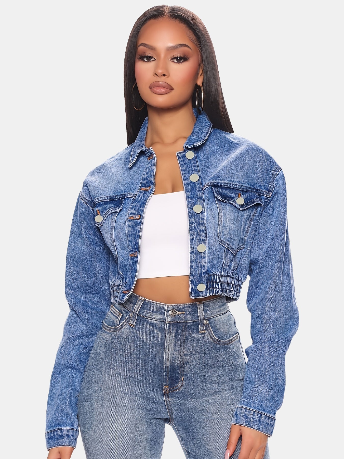 Elastic Band Trim Denim Jacket Button Closure