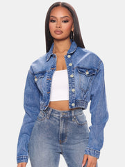Elastic Band Trim Denim Jacket Button Closure