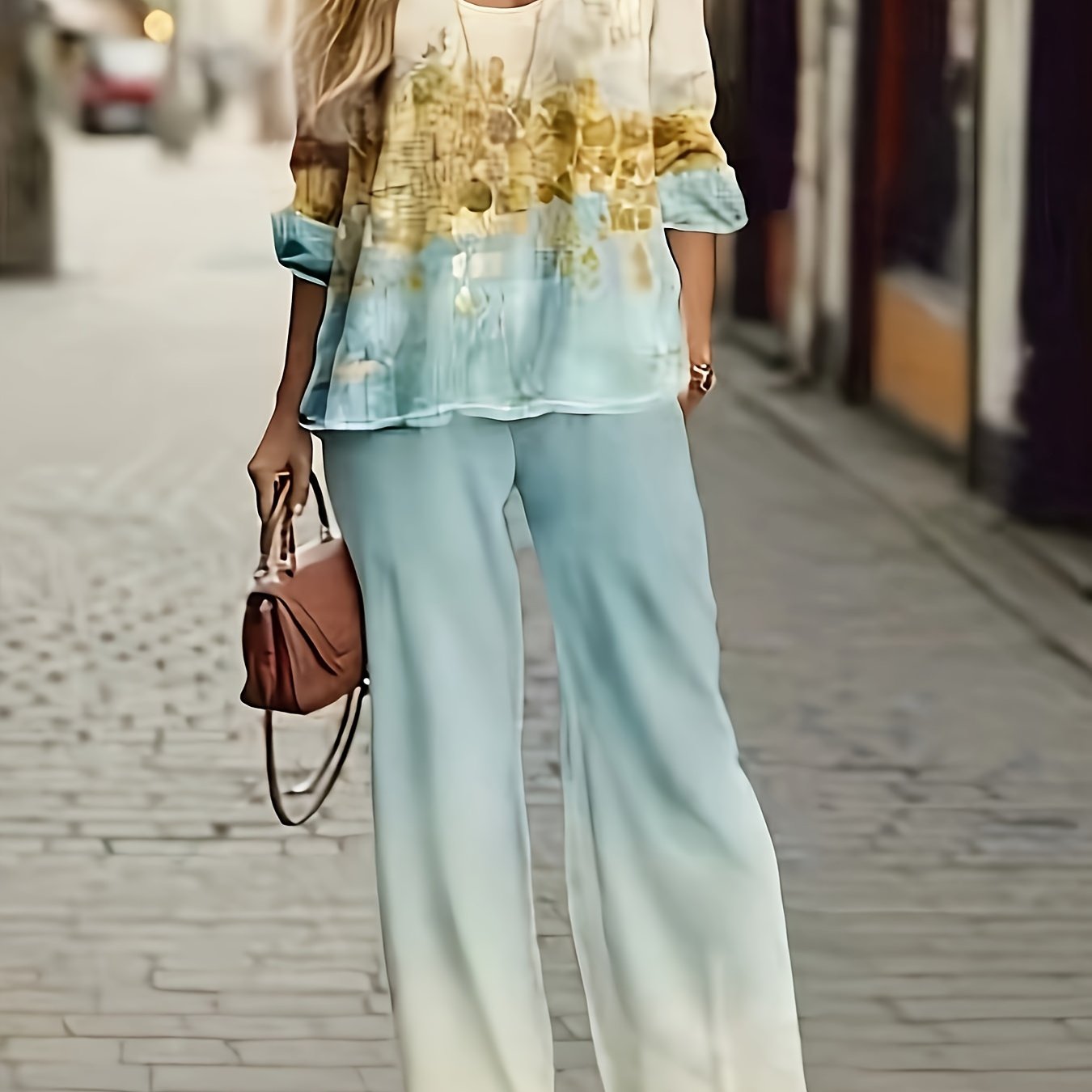 Women's Plus Painting Print Tee & Pants Outfits Set