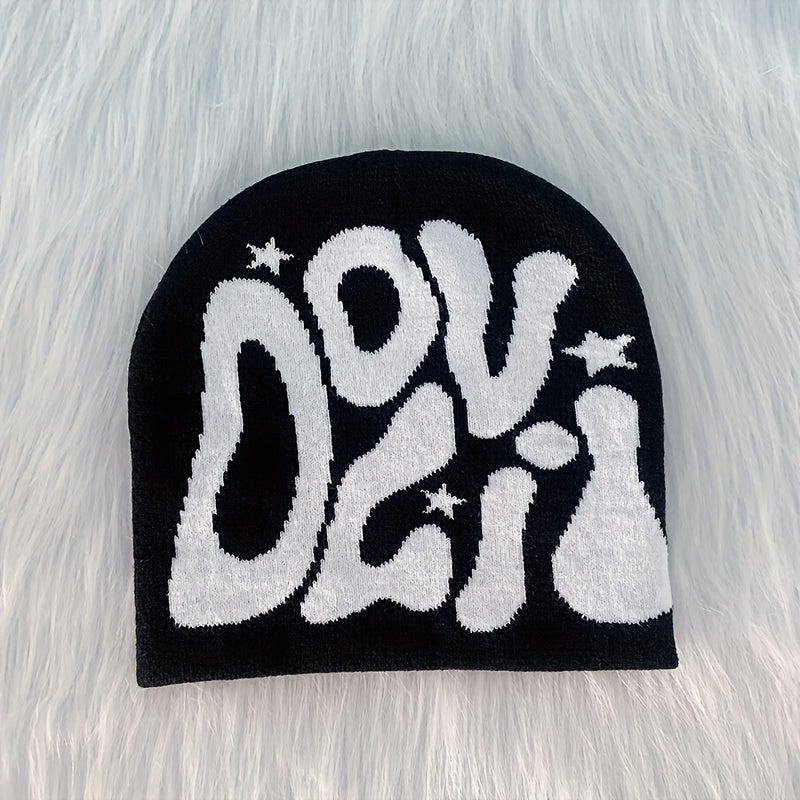Y2K Knitted Beanie Hip Hop Letter Jacquard Warm Skull Cap