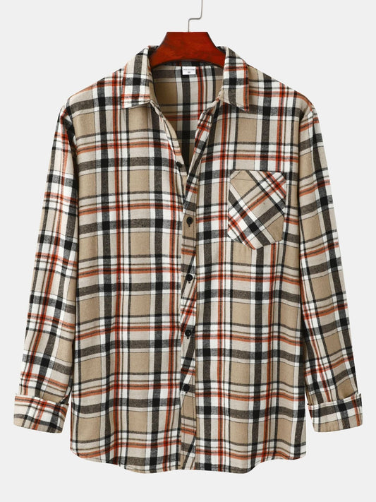Men's Vintage Hawaiian Style Flannel Fleece Plaid Lapel Shirt