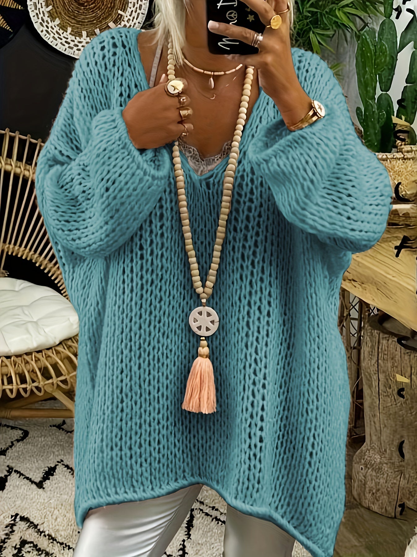  Solid Long Sleeve V Neck Oversized Jumper