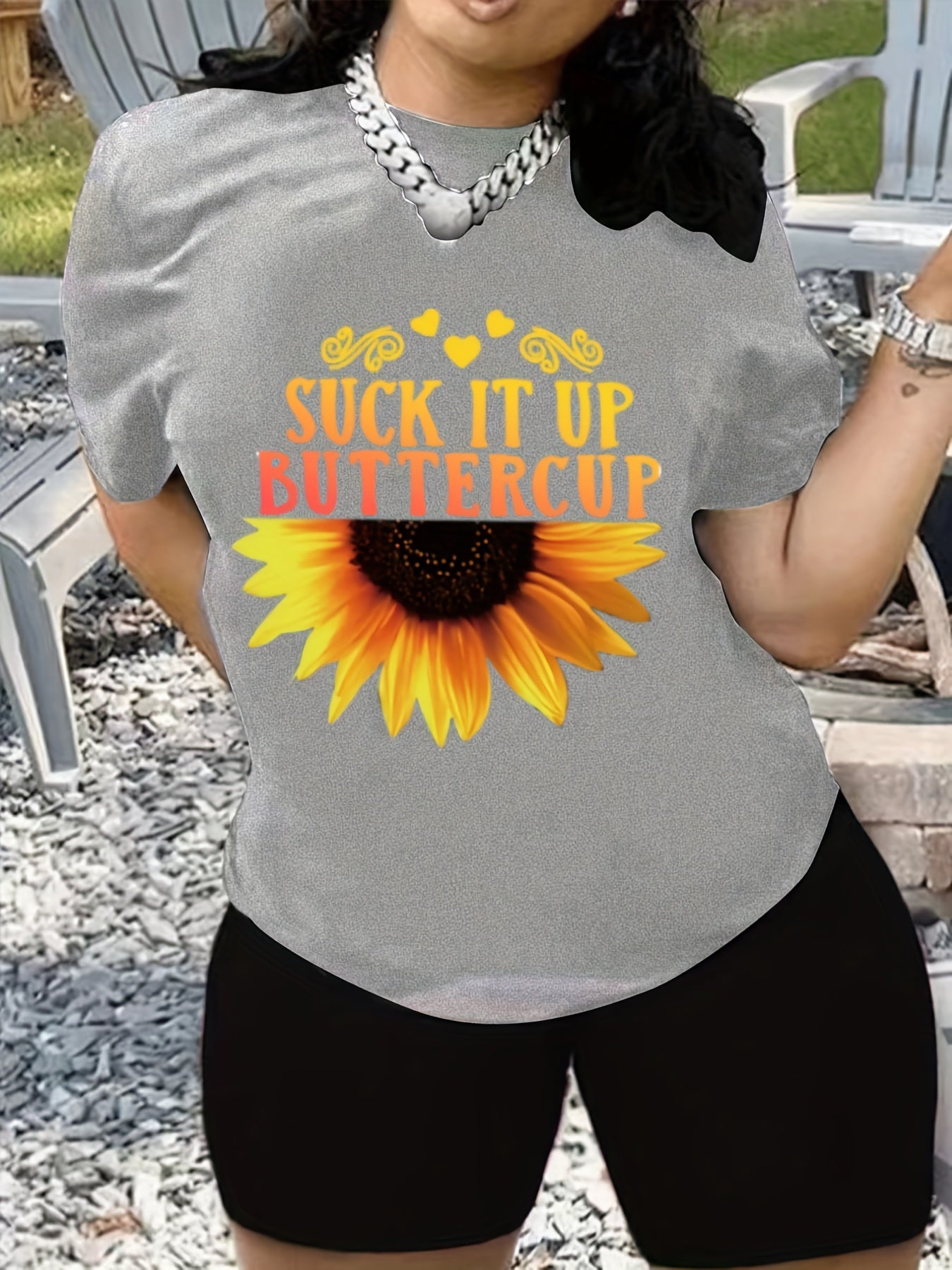  Letter & Sunflower Print Tee & Biker Shorts 2 Piece Set