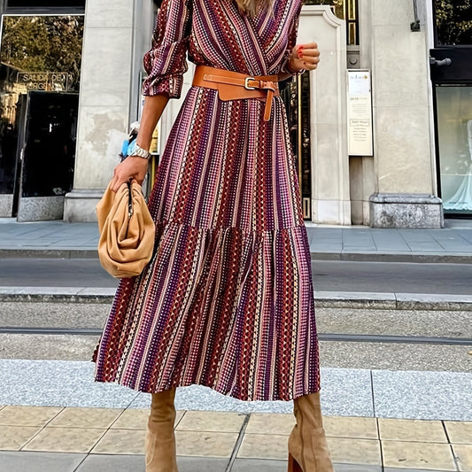  Stripe Print Long Sleeve Dress With Belt