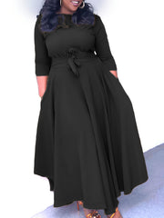 Solid Three Quarter Sleeve Maxi Dress With Belt