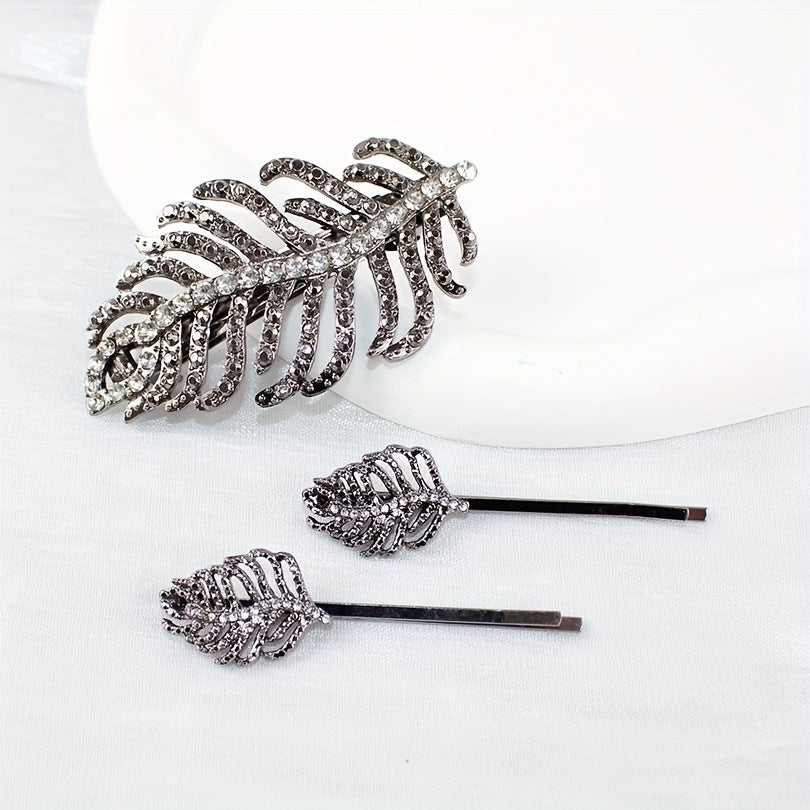Leaf Rhinestone Hairpin Metal Hair Clip for Women Girls