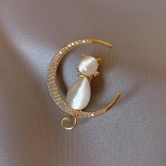 Cat Brooches Crystal Moon Stone Animal Pin