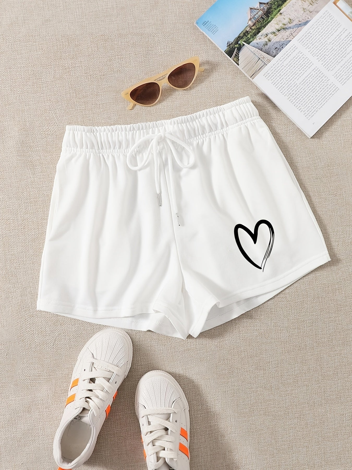 Heart Print Drawstring Shorts Y2K Sports High Waist Women's Clothing