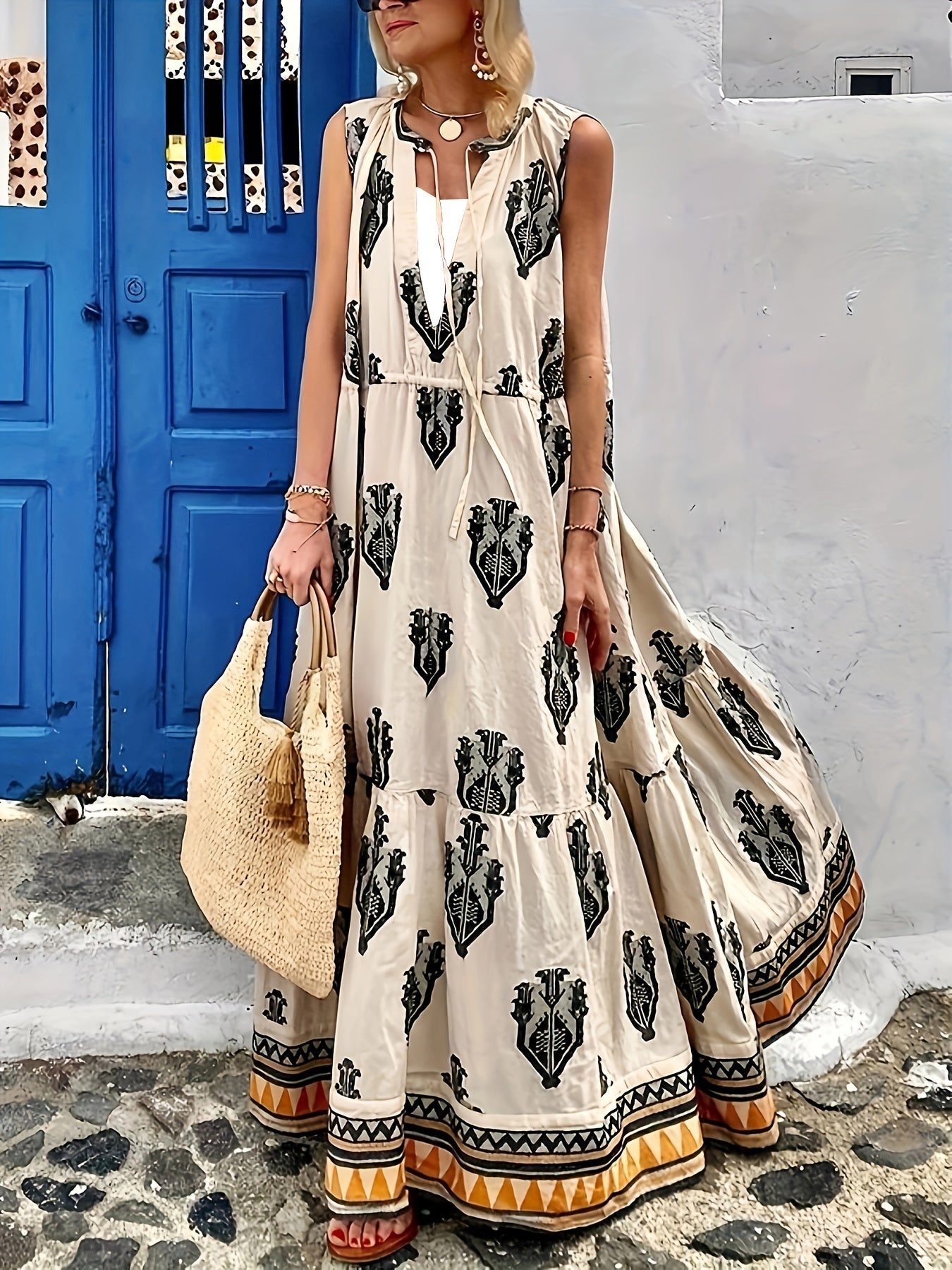 Geometric Print Cut Out Tie Front Mock Neck Dress